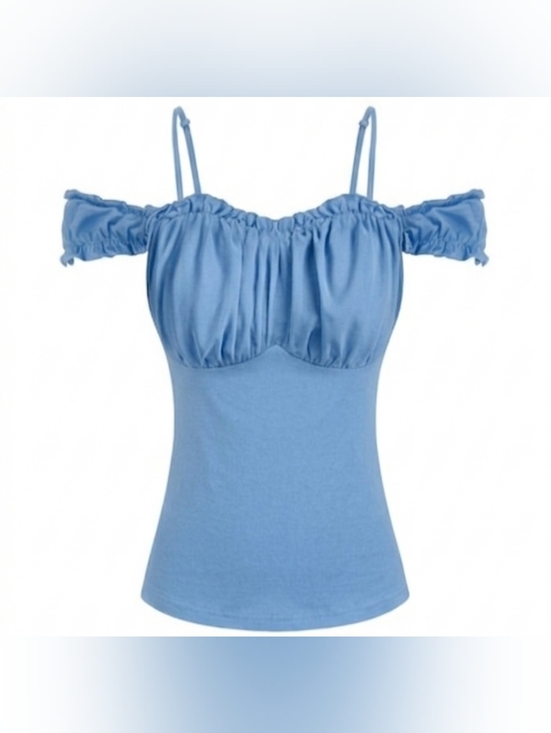 Scarlet Darkness Tops - Scarlet Darkness Light Blue Ruched Tank Top Removable Straps Off-Shoulder